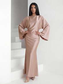 Veilorie Vestido largo de estilo árabe de manga larga y unicolor, de uso casual y modesto - Rosa coral - Ver 7
