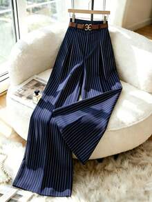 Selianne Damen neue marineblau gestreifte Anzughose, hochwertige Mode mit hoher Taille, eleganter plissierter Gummibund, gerade weite Beine, lässige Hose, geeignet für Frühling/Herbst, Büroalltag, vielseitig einsetzbar - marineblau - Übersicht 7