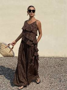 DAZY 女士度假风吊带背心和裤子两件套 - 咖啡棕 - 查看 4