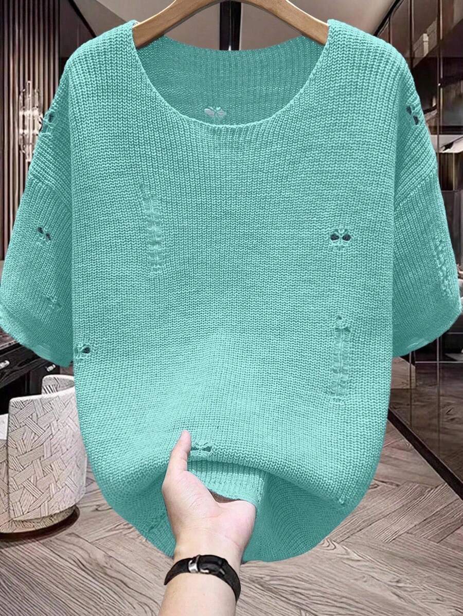 Manfinity Homme Áo thun nam cổ tròn màu trơn, kiểu dáng bụi bặm, đa năng, thích hợp mặc hàng ngày. - Màu xanh nhạt - Xem 1