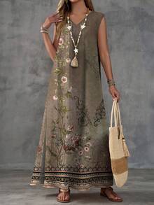EMERY ROSE Plus Size Floral Print Sleeveless Slit Casual Vacation Dress - Multicolor - View 3