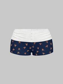 ROMWE J-Fashion Women Cute Deer Embroidered Lace Camisole Top And Deer Print Shorts Set - Navy Blue - View 5