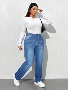 SHEIN ICON 大码女式口袋拉链纽扣百搭牛仔裤，时尚百搭 - 中等水洗藍 - 查看 4