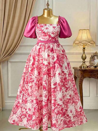 Plus Size Elegant Palace Style French Romantic Color Party Wedding Guest Dress, Morandi Pink Jacquard Fabric