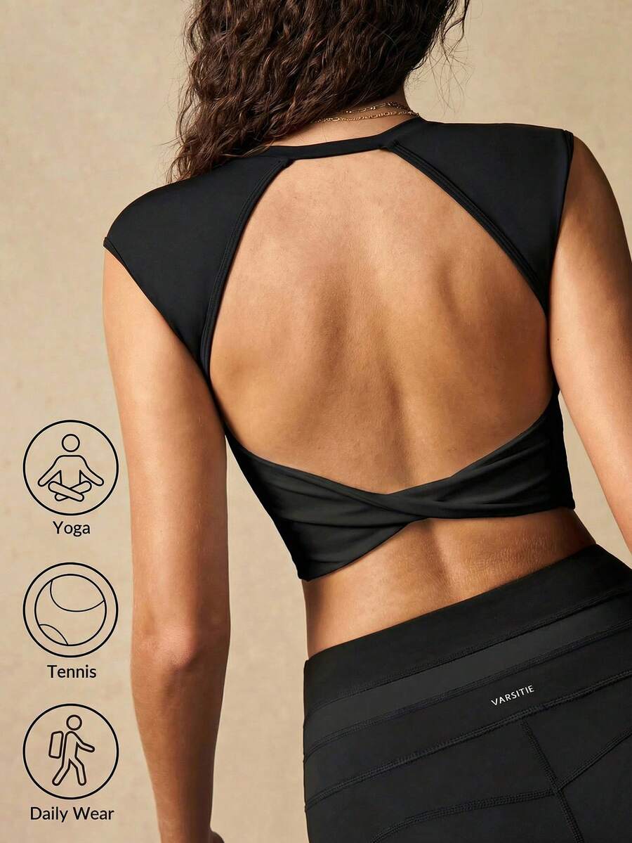 VARSIVA 女款純色露背短版緊身運動機能上衣 T-shirt,夏季 - 黑色 - 查看 1
