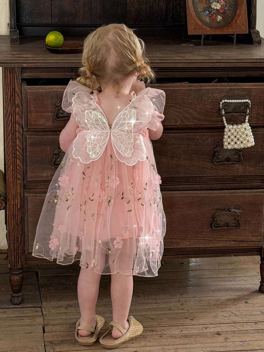 LMoss Kids Vestido casual para niña con cuello cuadrado, volantes y bordado de malla de unicolor tejido - Rosa - Ver 1