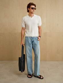 Manfinity Homme 男士休闲商务日常通勤简约百搭纯色纹理面料短袖针织上衣 - 白色 - 查看 4