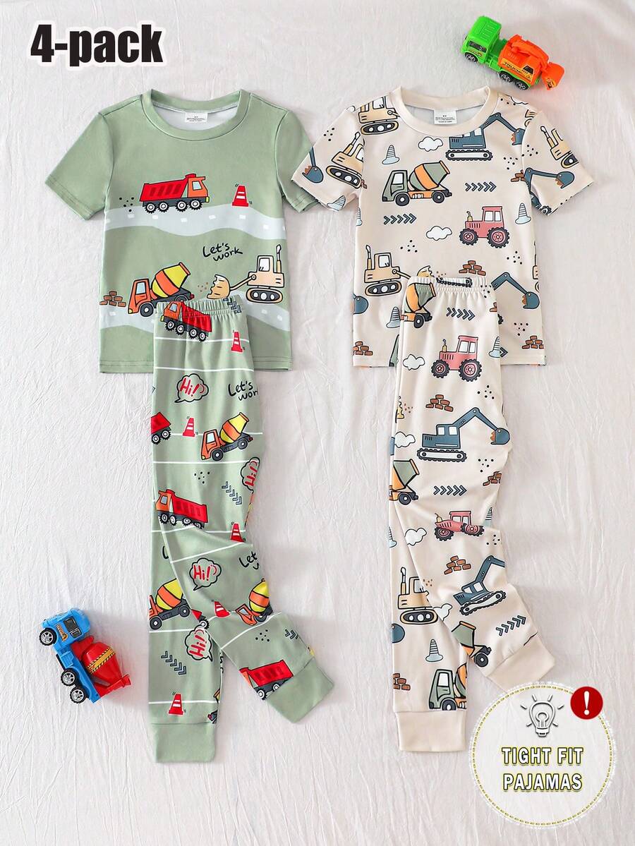 4件套男童短袖长裤套装，橄榄绿和杏色卡通汽车印花修身休闲舒适柔软弹力睡衣，夏季 - 彩色 - 查看 1