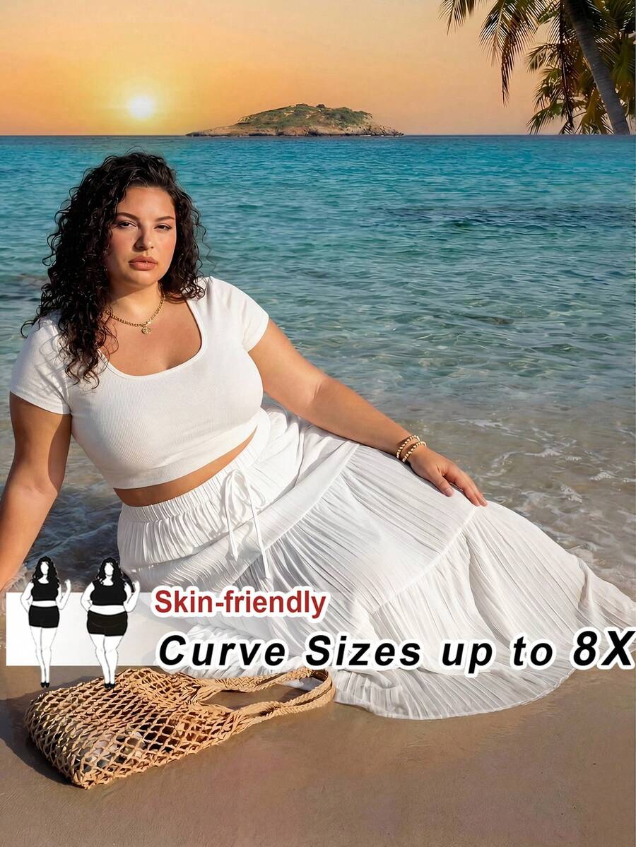 SHEIN CURVE+ Plus Size Casual Long White Skirt, Spring & Autumn - White - View 1