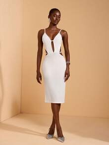 JIAN LASALA Straps Sleeveless V Neck Bodycon Women Midi Dress Wedding Party Night Out White Summer Sexy - White - View 3