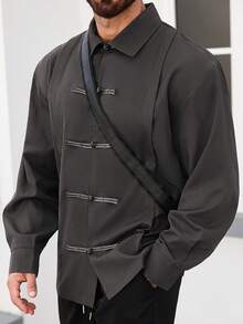 Manfinity Homme Plus Size Men's Solid Color Button Design Long Sleeve Casual Shirt - Dark Grey - View 5
