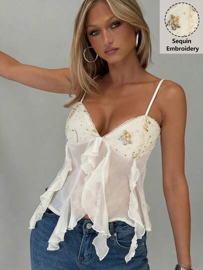 Siren Gaze Camiseta de tirantes con volantes bordados y cuentas de unicolor para mujer, camisola con volantes transparentes, color crema, prenda exterior elegante y de moda, camisola con volantes, adecuada para festivales de música, fiestas, top sin mangas casual de verano