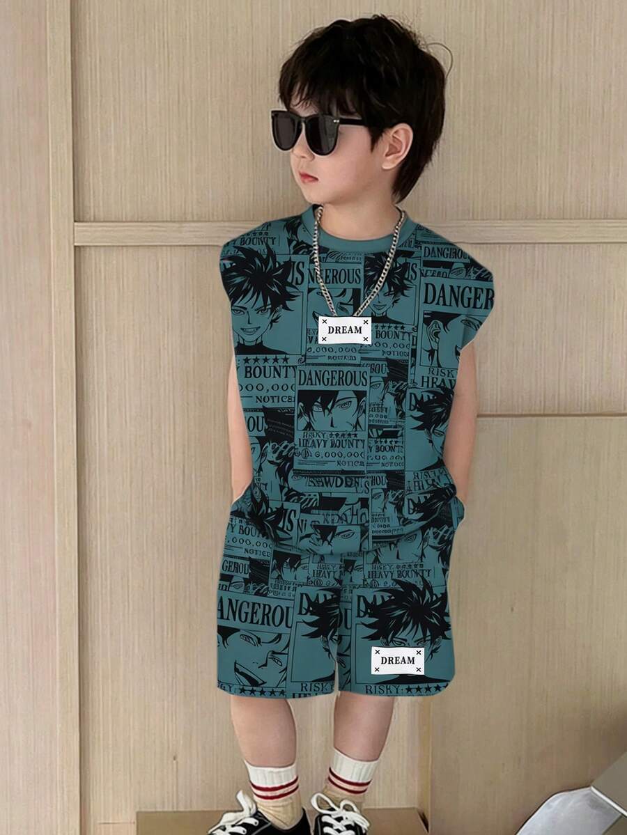 SHEIN Little Byeori 两件套儿童休闲日韩学院风舒适时尚简约实用百搭卡通动漫印花宽松背心短裤套装，适合户外玩耍、上学、街头摄影、聚会和居家休闲，也适合学校、运动、度假、居家和户外活动，适合春夏季节。
