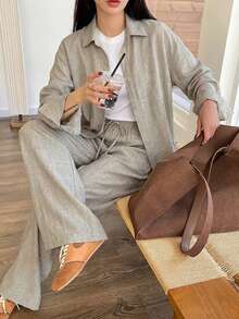 DAZY Bộ đồ gồm áo sơ mi cơ bản thiết kế mùa xuân hè, áo kiểu dáng thường ngày thoải mái đi biển và quần ống đứng, bộ đồ hai mảnh thanh lịch dành cho quý bà thượng lưu khi đi làm. - Màu be - Xem 5