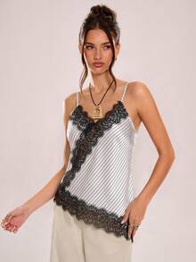 Avenya Áo camisole nữ phối ren kẻ sọc, kiểu dáng thường ngày, đa năng. - trắng - Xem 4