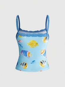 ROMWE Söt guldfisktryckt linne med semesterkänsla för kvinnor i Y2K-stil - Multifärgad - Visa 2