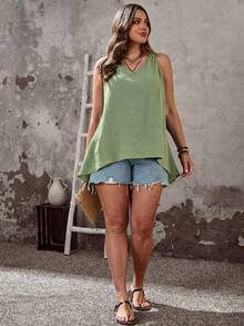 EMERY ROSE Plus Size Women Lace Patchwork Front Short Back Long Tank Top Pure Cotton Tops Blouse For Summer Latest New Arrivals Blouses Zanzea Casual - Green - View 2
