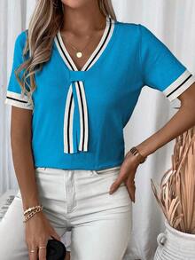 EMERY ROSE Women's Contrast Color Striped Short Sleeve Knit Top - Blue - View 6