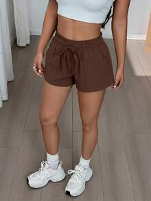 SHEIN EZwear 2026夏季女士休闲纯棕色抽绳腰侧口袋短裤 - 棕色 - 查看 4