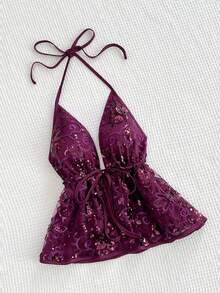 Sweetra American Laidback Chic Purple Beaded Halter V-Neck Backless Sexy Fashionable Versatile Party Camisole For Summer Holiday - Purple - View 4