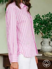 Dayvera Áo sơ mi nữ kẻ sọc cài một hàng khuy, kiểu dáng thường ngày đa năng. - Hồng - Xem 11