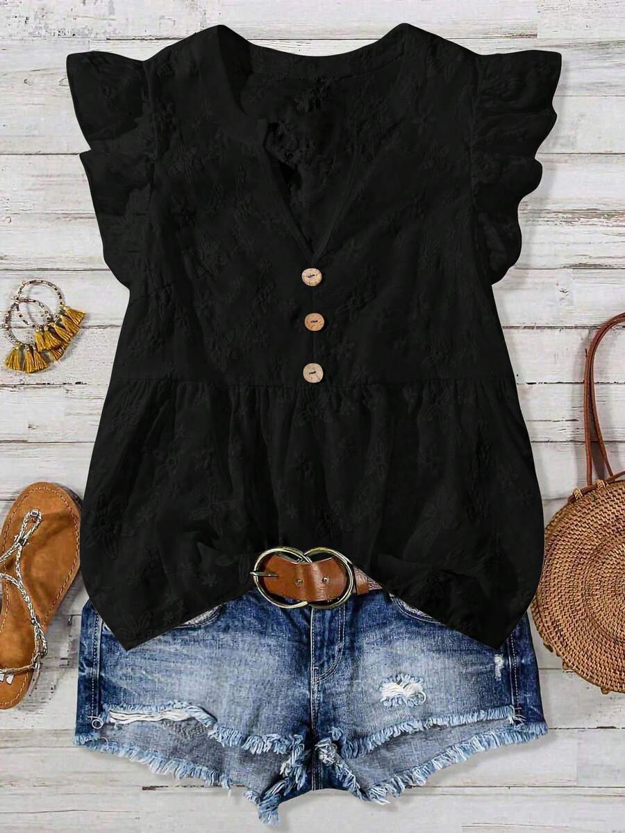 EMERY ROSE Women's Solid Color Jacquard Ruffle Sleeve Casual Vacation Shirt - Black - View 1