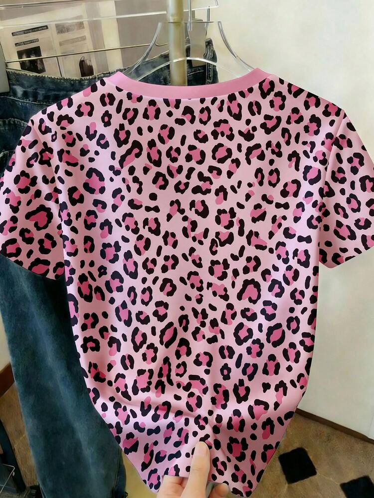 Camiseta casual de manga corta con cuello en V y estampado de leopardo, talla grande, para primavera y verano - Multicolor - Añade 2