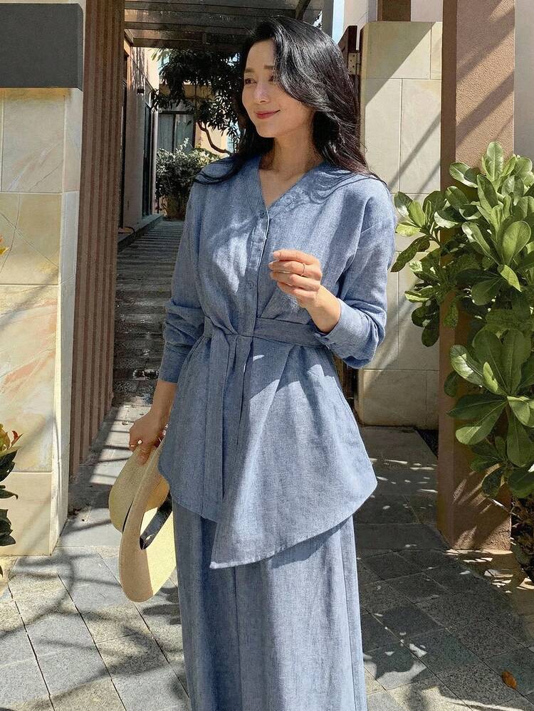 Elegant Asymmetric Blouse Top And Wide Leg Pants Women's Long 2 Pieces Set Lounge Sets For Women