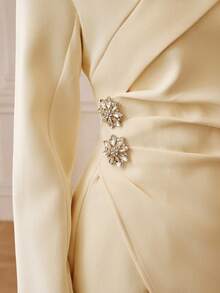 ZEYLAH Elegant Party Asymmetric Collar Cinched Waist Draped Midi Dress, Autumn/Winter - Light Yellow - View 5