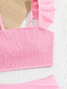 少女比基尼套装，可爱优雅的纯粉色针织吊带背心，配有可调节肩带、双层荷叶边装饰和荷叶边侧系带三角泳裤，涤纶面料，时尚休闲泳装，适合游泳、度假和夏季穿着。 - 淺粉色 - 查看 5