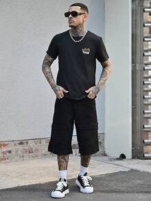 Devon Thys 男士口號圖形下垂肩假兩件上衣 - 黑色 - 查看 6