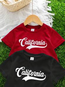 Conjunto de 4 piezas de top de punto de cuello redondo holgado con estampado de letras y pantalones cortos de color contrastante, estilo deportivo casual para bebé niño/niña, adecuado para primavera/verano, interior y exterior, deportes - Multicolor - Ver 5