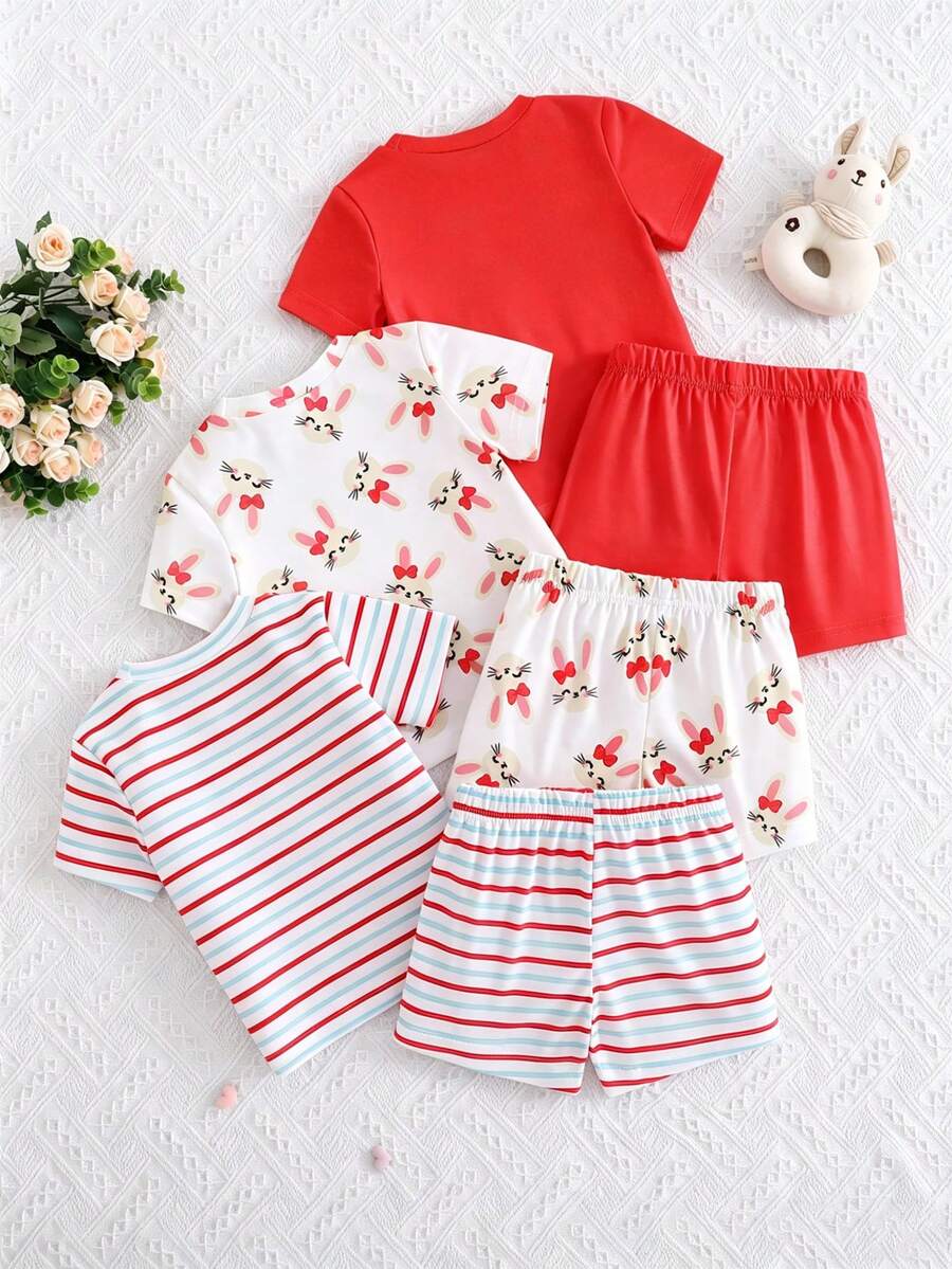 SHEIN Vintaside Kids 6件套女婴幼儿新生儿0-3岁春夏新款可爱兔子纯色条纹T恤短裤套装 - 紅色 - 查看 1