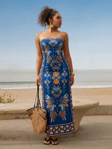 Travachic Women's Blue Strapless Knit Abstract Floral Print Symmetrical Pattern Boho Maxi Dress,Plus Size Summer Vacation Holiday Beachwear Outfits - Blue - View 1
