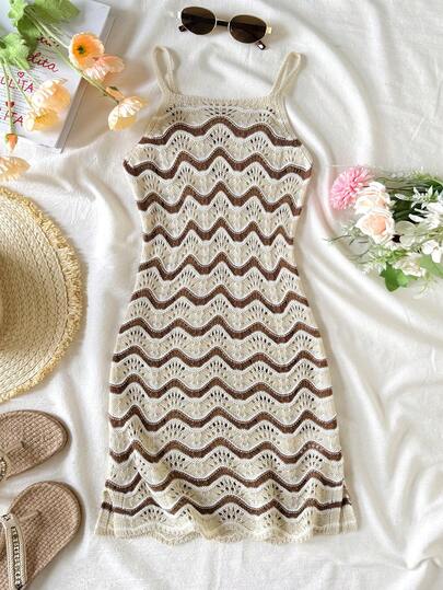 SHEIN 女童不对称下摆条纹镂空钩编吊带裙罩衫，适合夏季沙滩穿着