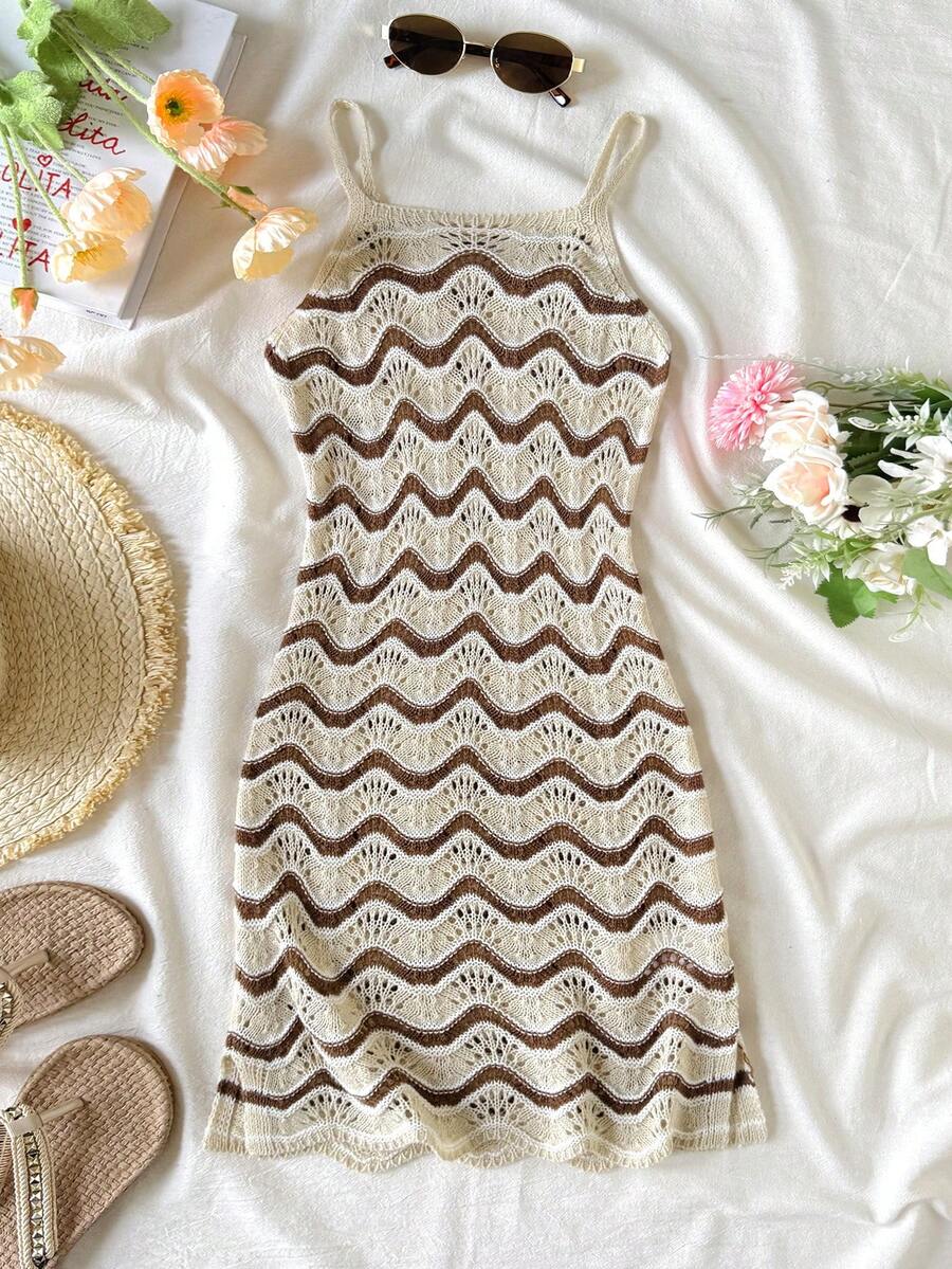 SHEIN 女童不对称下摆条纹镂空钩编吊带裙罩衫，适合夏季沙滩穿着 - 卡其色 - 查看 1