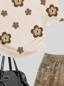 Teen Girl Cute Summer 2-Piece Set,Vintage Collegiate Floral Pattern Short Sleeve T-Shirt And Shorts,Matching Family Vacation Kids Outfits For School - Multicolor - View 6