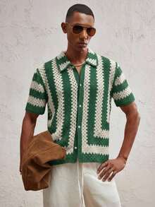 AKNOTIC Party Men's Fitted Turndown Collar Short Sleeve Casual Knit Cardigan, Suitable For Daily Wear - Olive Green - View 6