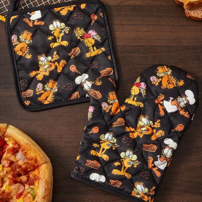 GARFIELD | SHEIN Juego de aislamiento de cocina con diseño impreso de Chef en negro, incluye guantes de horno/alfombrilla de aislamiento, imprescindible para hornear en la cocina, aislando eficazmente las fuentes de calor, individual/combinación