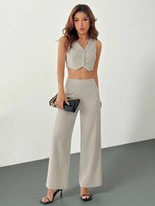 SHEIN PETITE Casual Versatile Solid Color Straight Leg Pants - Apricot - View 7