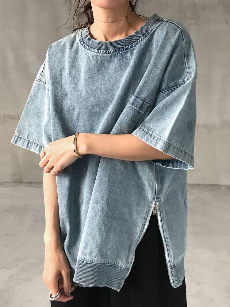 Women's Round Neck Korean Style Washed Denim Short Sleeve Top