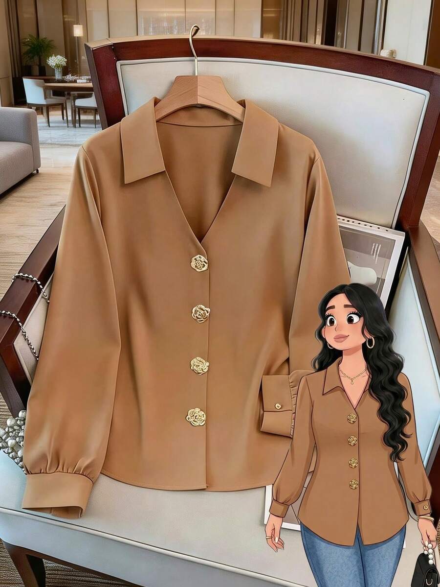 GlowEve CURVE Camisa de mujer talla grande de cuello en V de manga larga, de tela suave, con decoración de botón de metal color oro rosa, elegante, para otoño/invierno - Camel - Ver 1