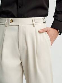 MENRIVO Pantalones casuales rectos con pliegues y bolsillos de unicolor para hombres, otoño - Albaricoque - Ver 2