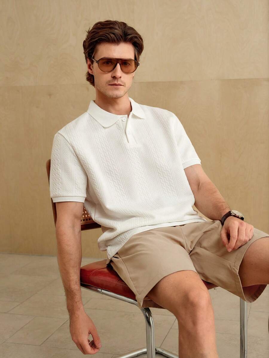 Manfinity Homme 男士白色几何条纹纹理休闲 Polo 衫 - 白色 - 查看 1