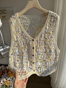 Comfortcana Plus Size Women Contrast Color Hollow Out Single-Breasted Knit Cardigan Vest - Multicolor - View 4