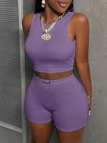 Slaydiva Minimalist Casual Basic Round Neck Sleeveless Cropped Tank Top And High Waist Fitted Shorts 2-Piece Knit Set For Women,Vacation Outfits Women - Mauve Purple - View 9