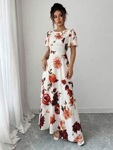 Modelyn Vestido acampanado con estampado floral, cuello redondo y mangas de mariposa, primavera/verano - Multicolor - Ver 3