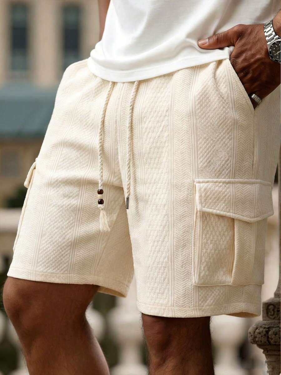 Manfinity RSRT Quần short nam màu be, chất liệu dệt jacquard, có túi hộp và dây rút ở eo, kiểu dáng thường ngày, thích hợp cho kỳ nghỉ. - Màu be - Xem 1