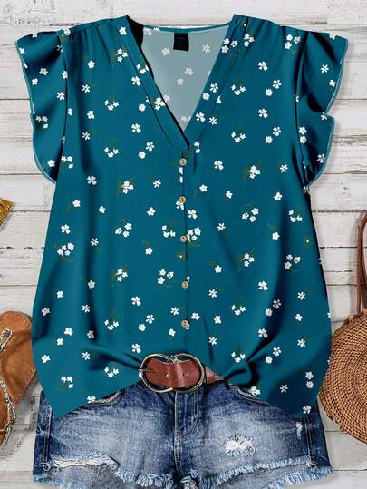 EMERY ROSE Casual Minimalist Ditsy Floral Plus Size Shirt, Suitable For Summer