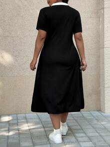 Muchica Plus Size Contrast Trim Casual Daily Short Sleeve Dress, Spring/Summer - Black - View 5